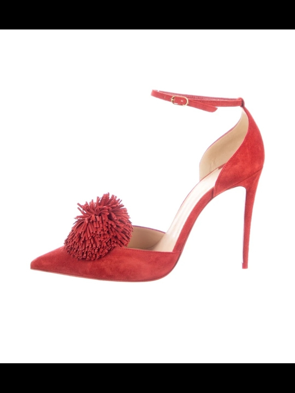 ❤️ RED BOTTOM ❤️ NEW NEVER WORN Red Suede Pom-Pom Ankle-Strap